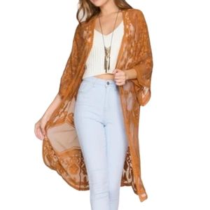 Rebellion Crochet Lace Midi Duster Cardigan  | Size Medium | Color Carmel